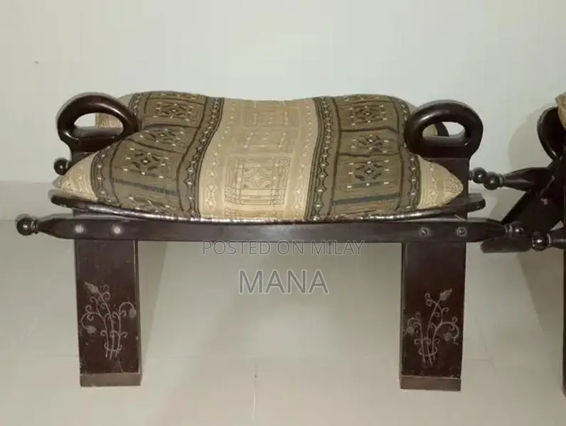 Vintage Sheesham Wood Camel Saddle Seat with Brass Carving