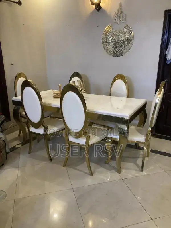 Marble Top Stainless Steel Dining Table with Six Chairs
