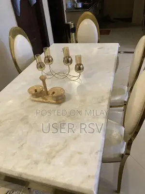 Marble Top Stainless Steel Dining Table with Six Chairs