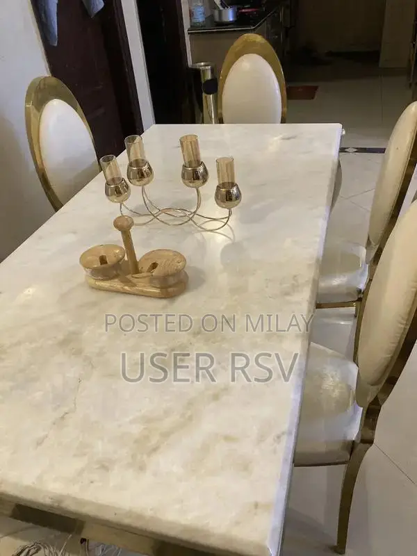 Marble Top Stainless Steel Dining Table with Six Chairs