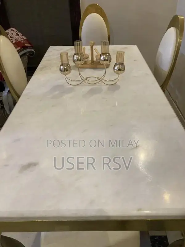 Marble Top Stainless Steel Dining Table with Six Chairs