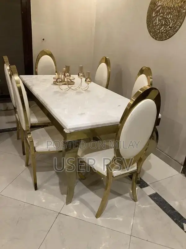 Marble Top Stainless Steel Dining Table with Six Chairs