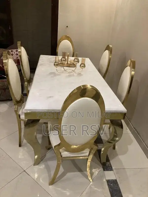 Marble Top Stainless Steel Dining Table with Six Chairs