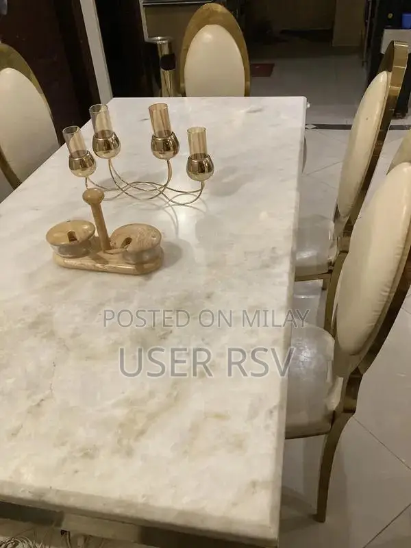 Marble Top Stainless Steel Dining Table with Six Chairs