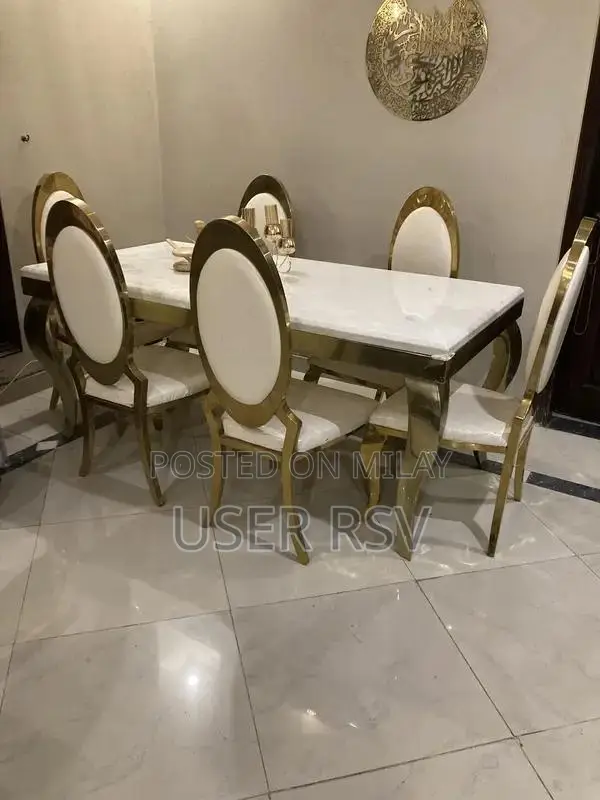 Marble Top Stainless Steel Dining Table with Six Chairs