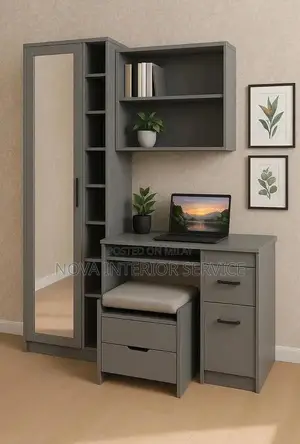 Photo - Modern Grey Study Table with Wardrobe, Mirror & Bookshelf