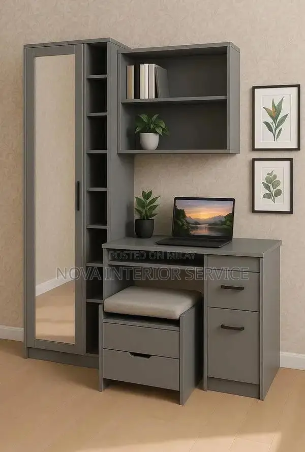 Modern Grey Study Table with Wardrobe, Mirror & Bookshelf