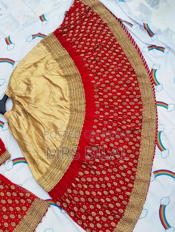 Red and Gold Hand-Embroidered Traditional Bridle Lehnga with Stone Wor