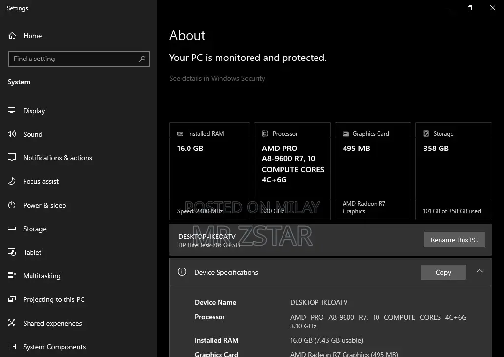 Desktop Computer HP EliteDesk 705 G3 16GB AMD A8 HDD+SSD 320GB