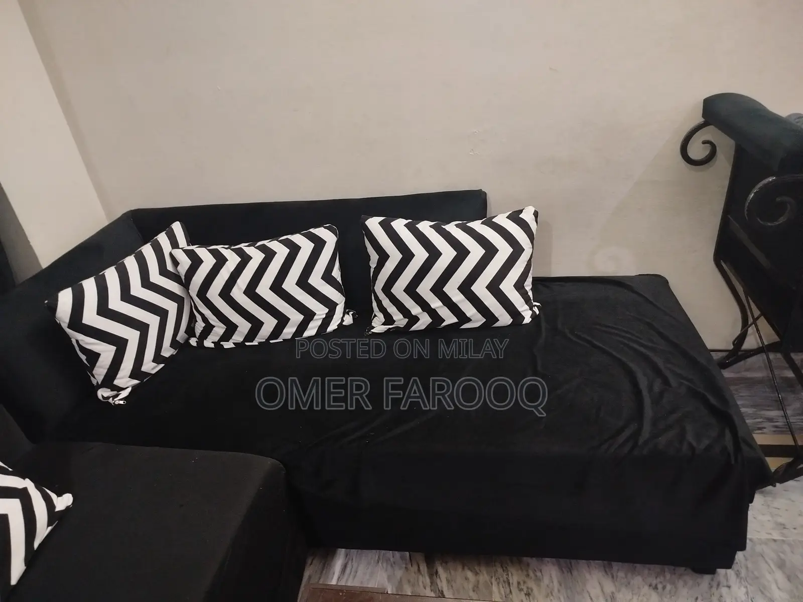 L Shape Sofa 6 Seater in Black Colour Malai Valvet