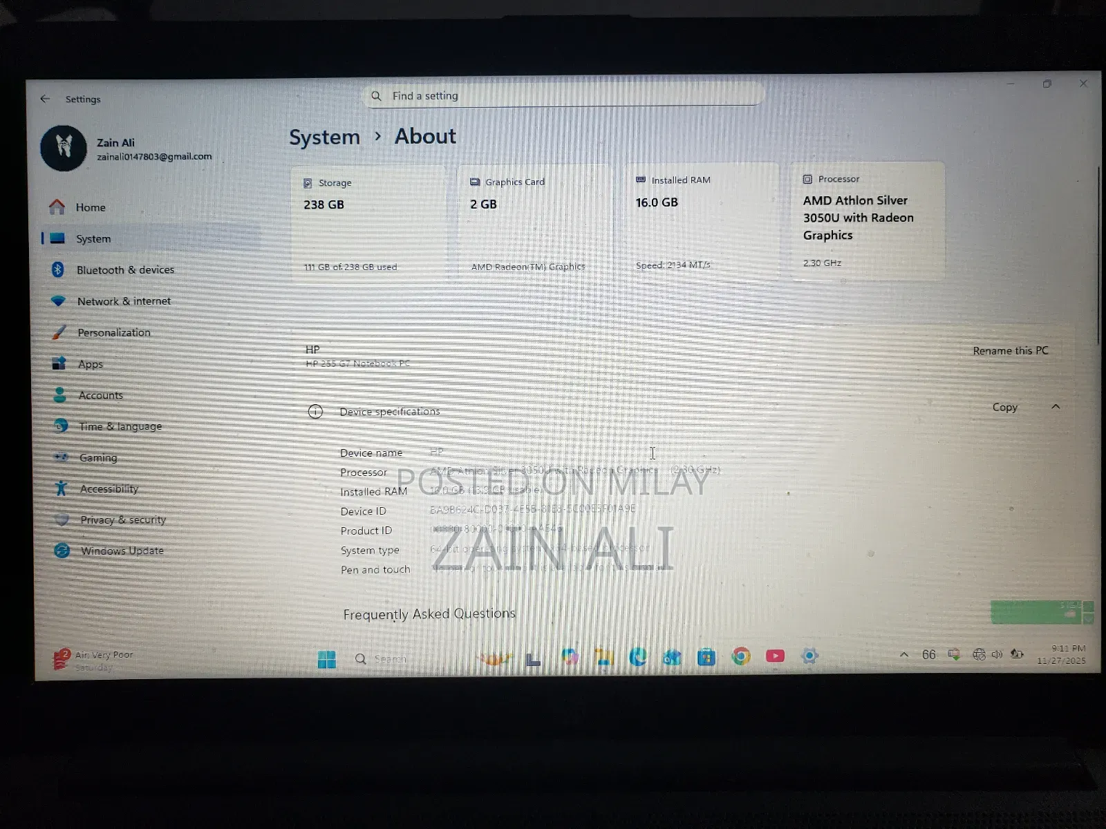 New Laptop HP 250 G7 16GB AMD SSD 256GB
