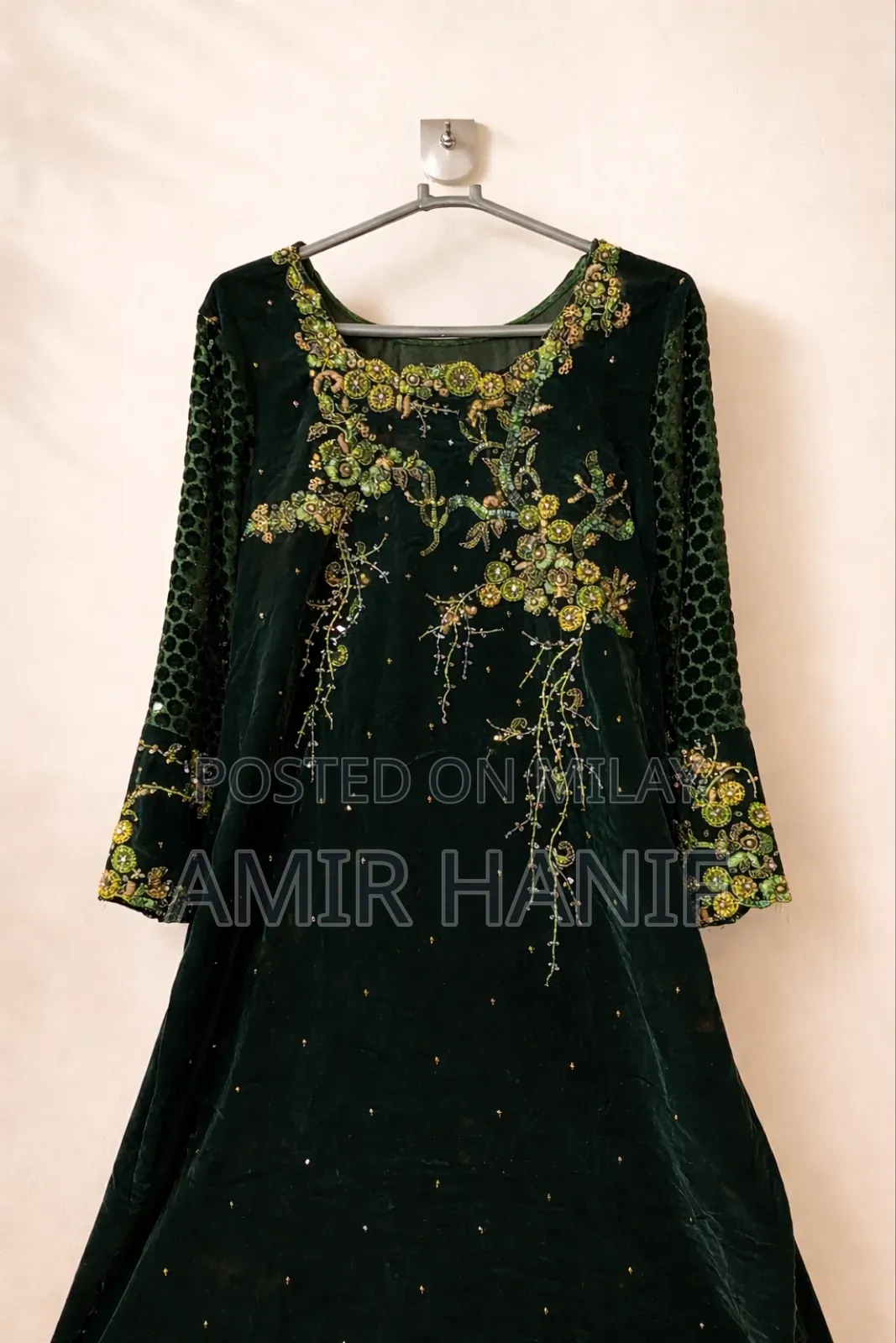 Elegant Green Velvet Embroidery Dress