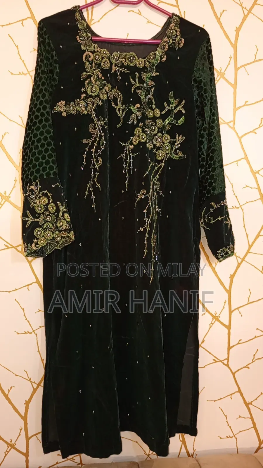 Elegant Green Velvet Embroidery Dress
