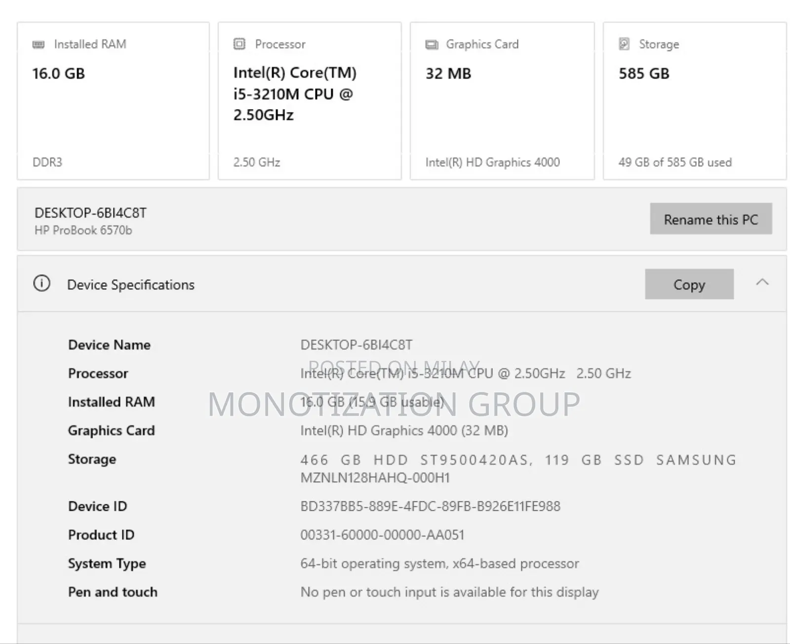 Laptop HP ProBook 6570B 16GB Intel Core i5 SSD 500GB